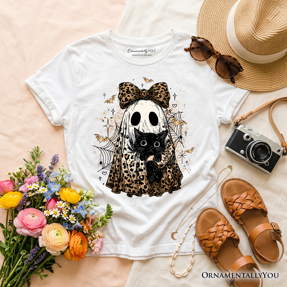 Kids Leopard Bow Ghost with Black Cat T-Shirt, Spooky Halloween Spider Web Youth Tee