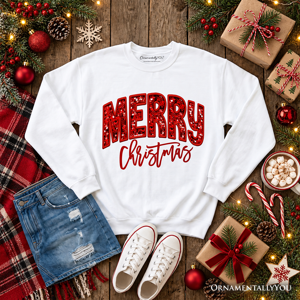 Merry Christmas Sequin Sweatshirt, Bold Red Glitter Sweater for Festive Holiday Season