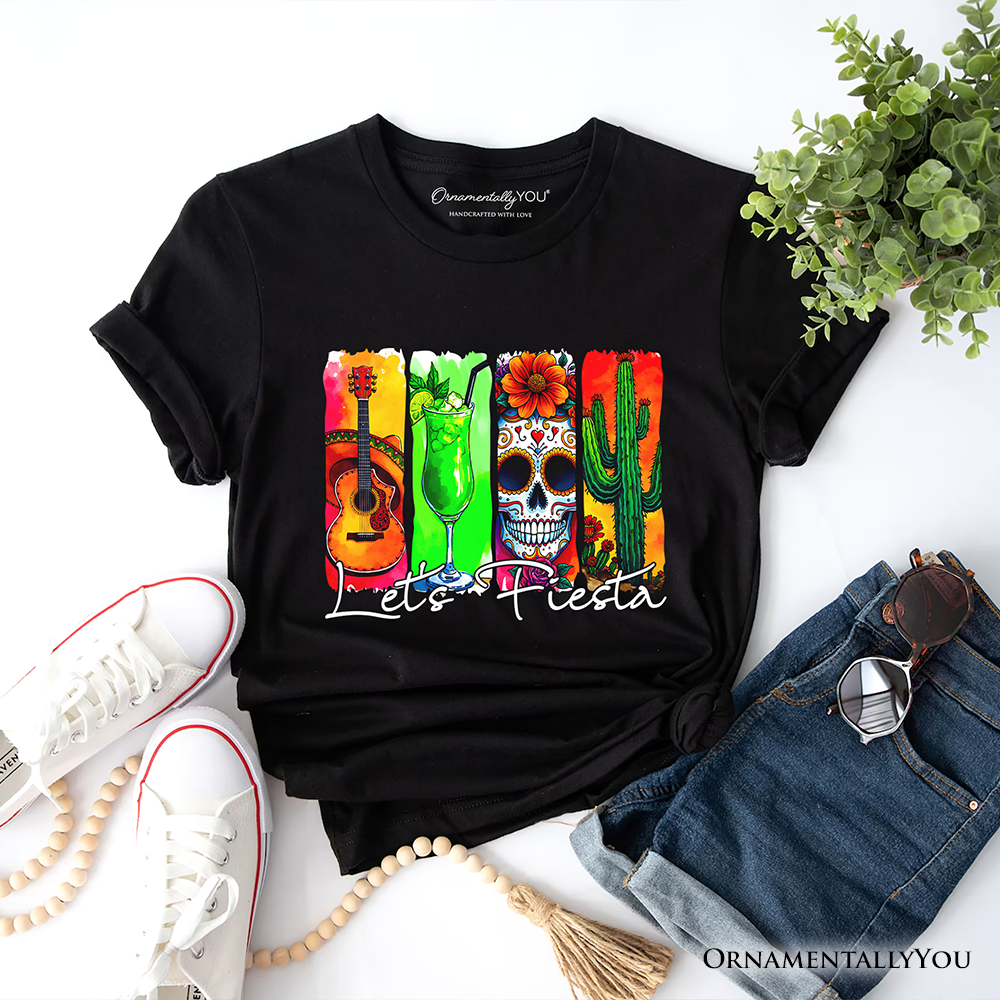 Cinco De Mayo Brushstroke Mexican T-Shirt, Let’s Fiesta Guitar Margarita Skull Cactus Tee