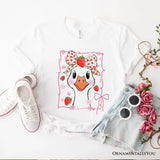 Coquette Goose with Strawberry Bow T-Shirt, Navy, Black and White Cute Tee