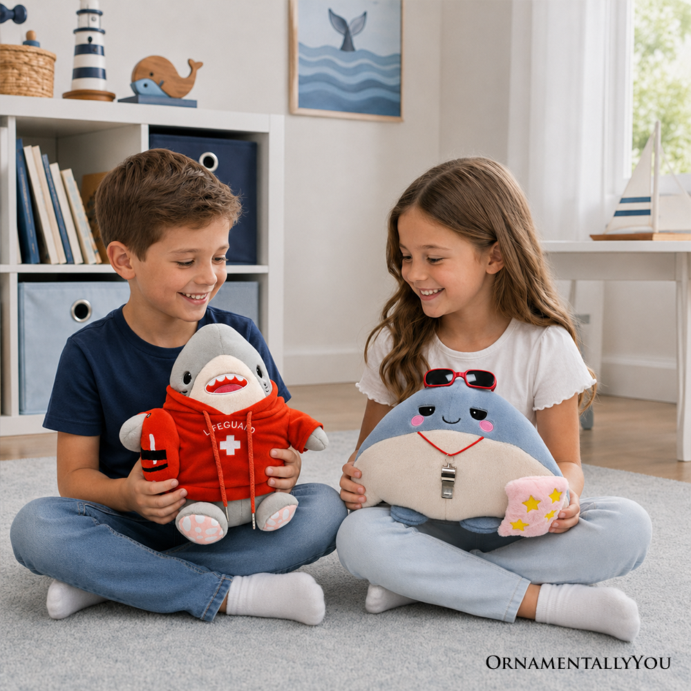 Finn Shark and Ray Stingray Lifeguard Plushie Set, 10.5" Funny Ocean Stuffed Animal Gift for Sea Life Lovers