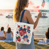 Patriotic Boho Strawberries Bouquet Canvas Tote Bag, 4th of July Festive Patch Gift