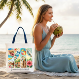 Summer Vibes Canvas Tote Bag, Beach Gift Shopper with Coconut and Flowers