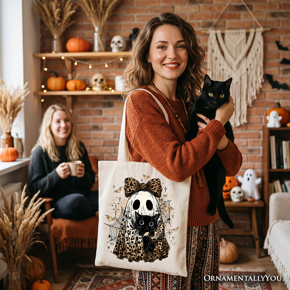 Leopard Bow Ghost with Black Cat Tote Bag, Spooky Halloween Spider Web Gift Shopper