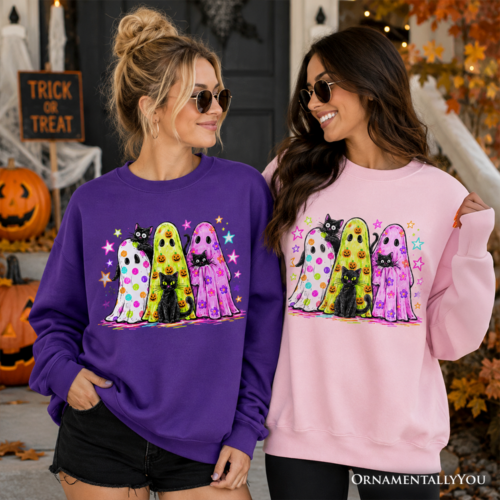 Colorful Ghosts and Black Cats Sweatshirt, Neon Halloween Spooky Season Sweater