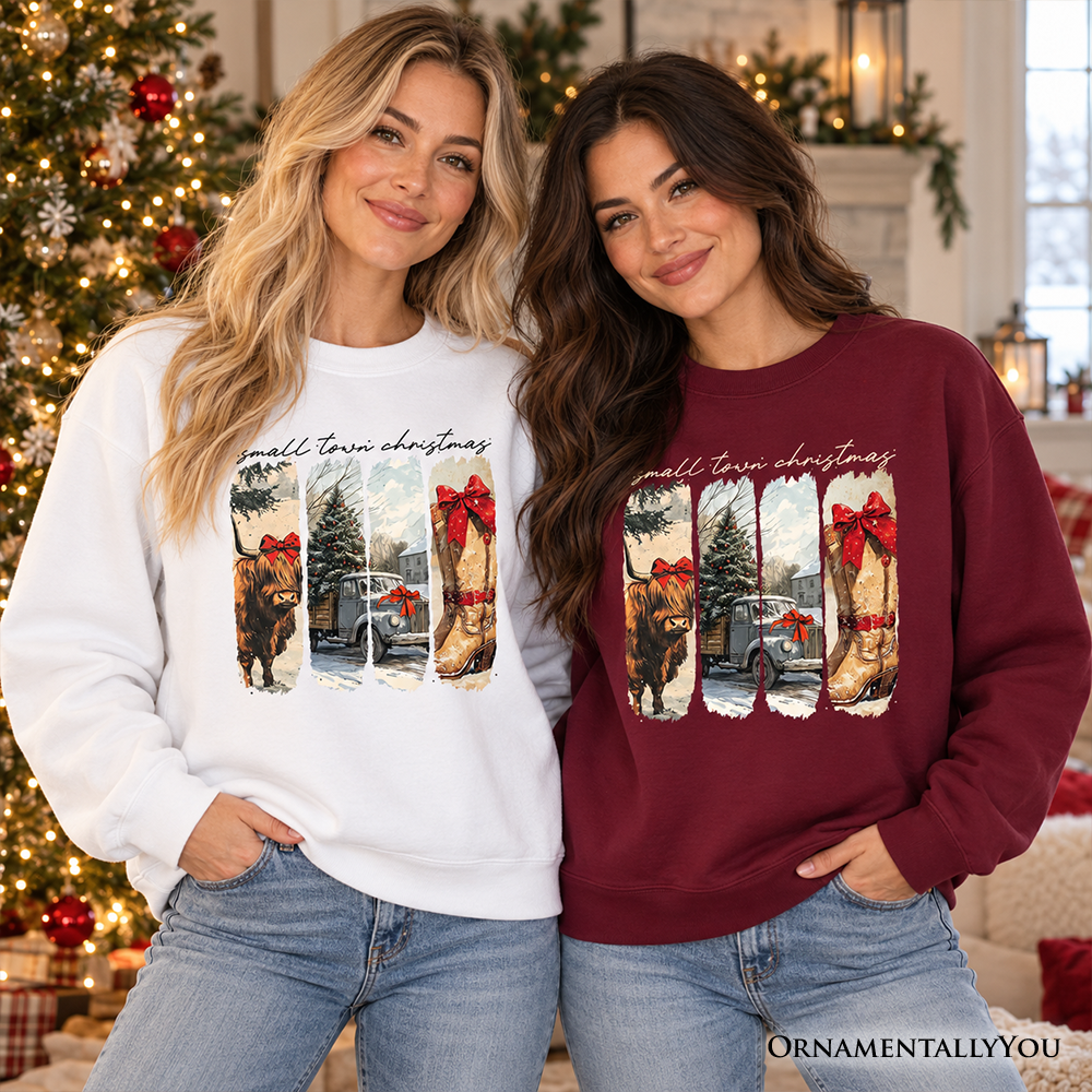 Small Town Christmas Sweatshirt, Highland Cow Rustic Western Cowgirl Holiday Sweater