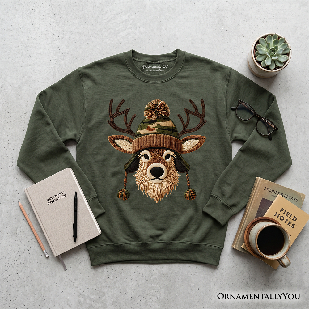 Deer Head Camo Hat Christmas Sweatshirt, Imitation Latch Hook Yarn Cozy Hunting Season Sweater