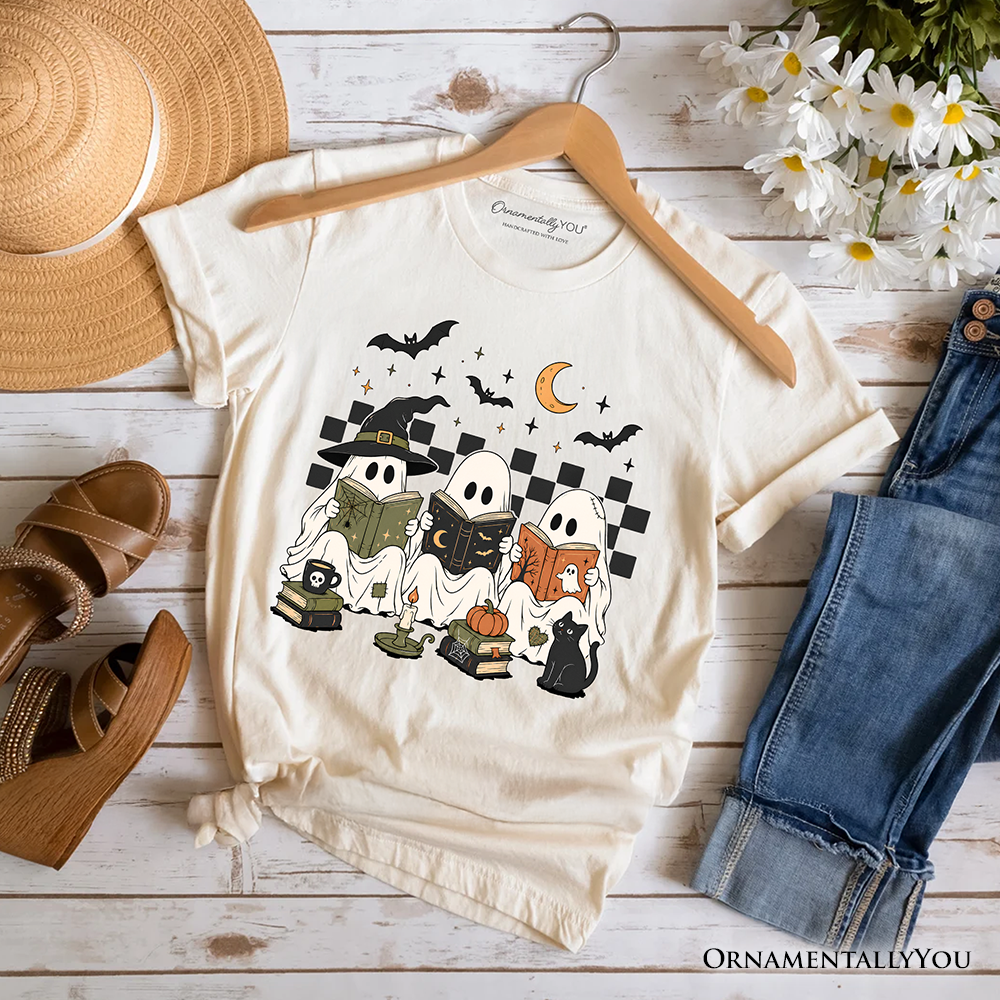 Bookish Ghosts Reading T-Shirt, Checkered Halloween Witch Cat Tee