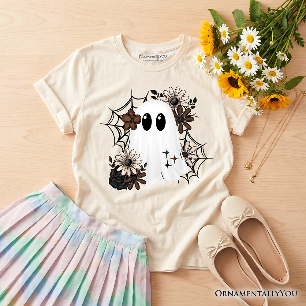 Kids Floral Ghost T-Shirt, Neutral Boho Halloween Spider Web Youth Tee