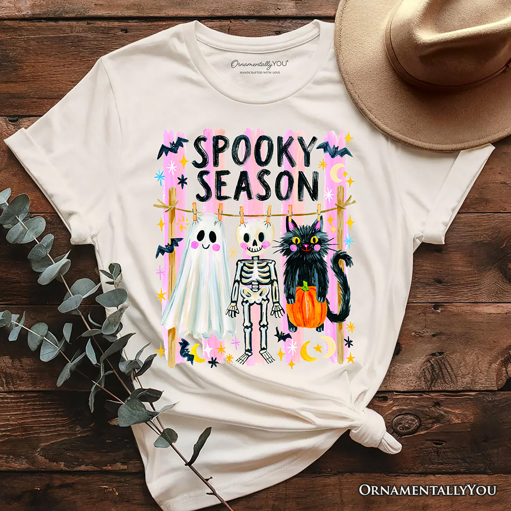 Spooky Season Ghost Skeleton Cat T-Shirt, Colorful Halloween Costume Tee