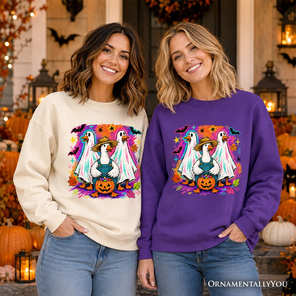 Trick or Treat Geese Sweatshirt, Colorful Halloween Ghost Costume Sweater