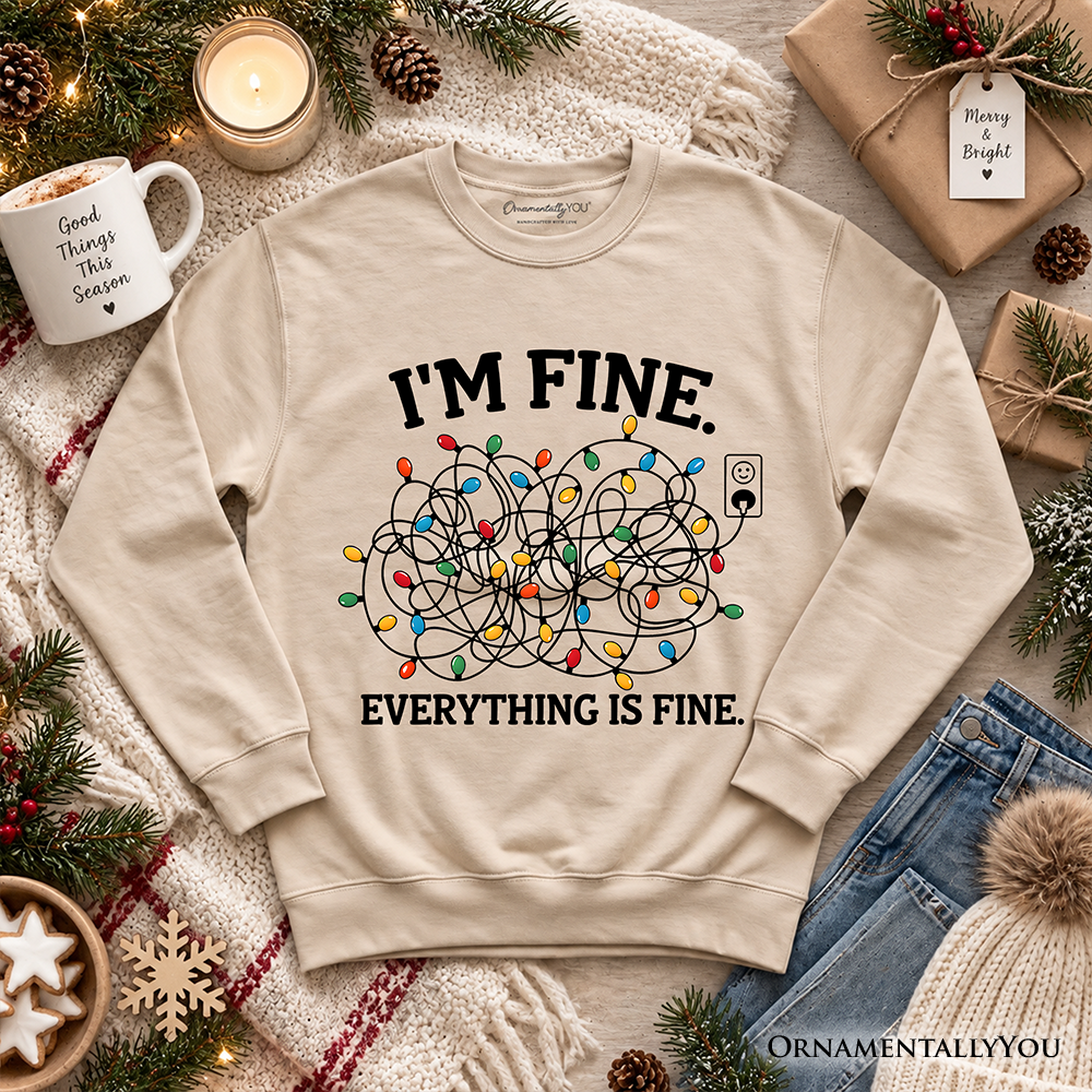 I'm Fine Christmas Lights Sweatshirt, Funny Holiday Humor Sweater for Stressed Festive People