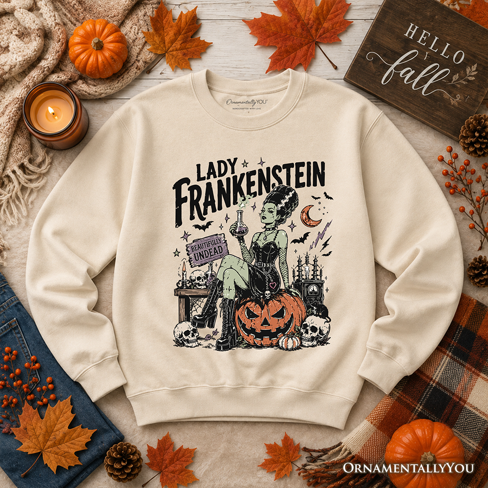 Lady Frankenstein Sweatshirt, Vintage Gothic Beautifully Undead Halloween Sweater