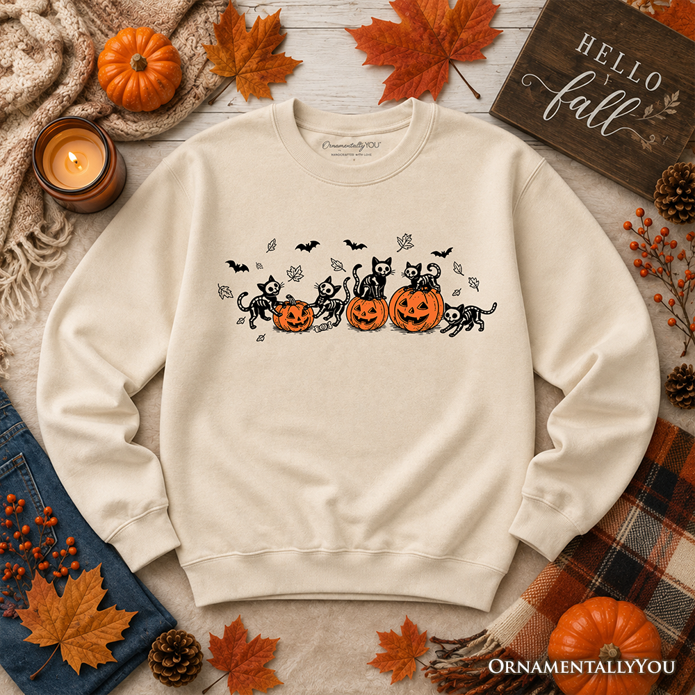 Skeleton Cats and Pumpkins Sweatshirt, Spooky Halloween Black Cat Sweater