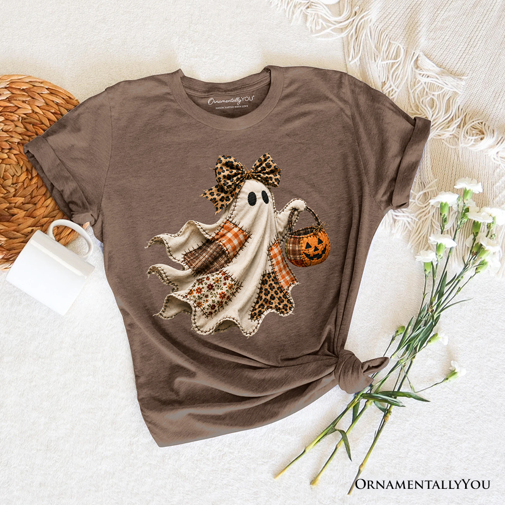 Patchwork Ghost with Leopard Bow T-Shirt, Rustic Halloween Pumpkin Trick or Treat Tee