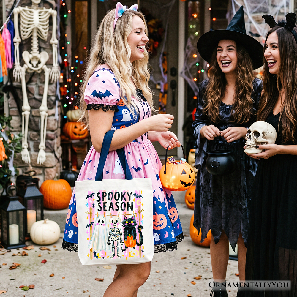 Spooky Season Ghost Skeleton Cat Tote Bag, Colorful Halloween Costume Gift Shopper