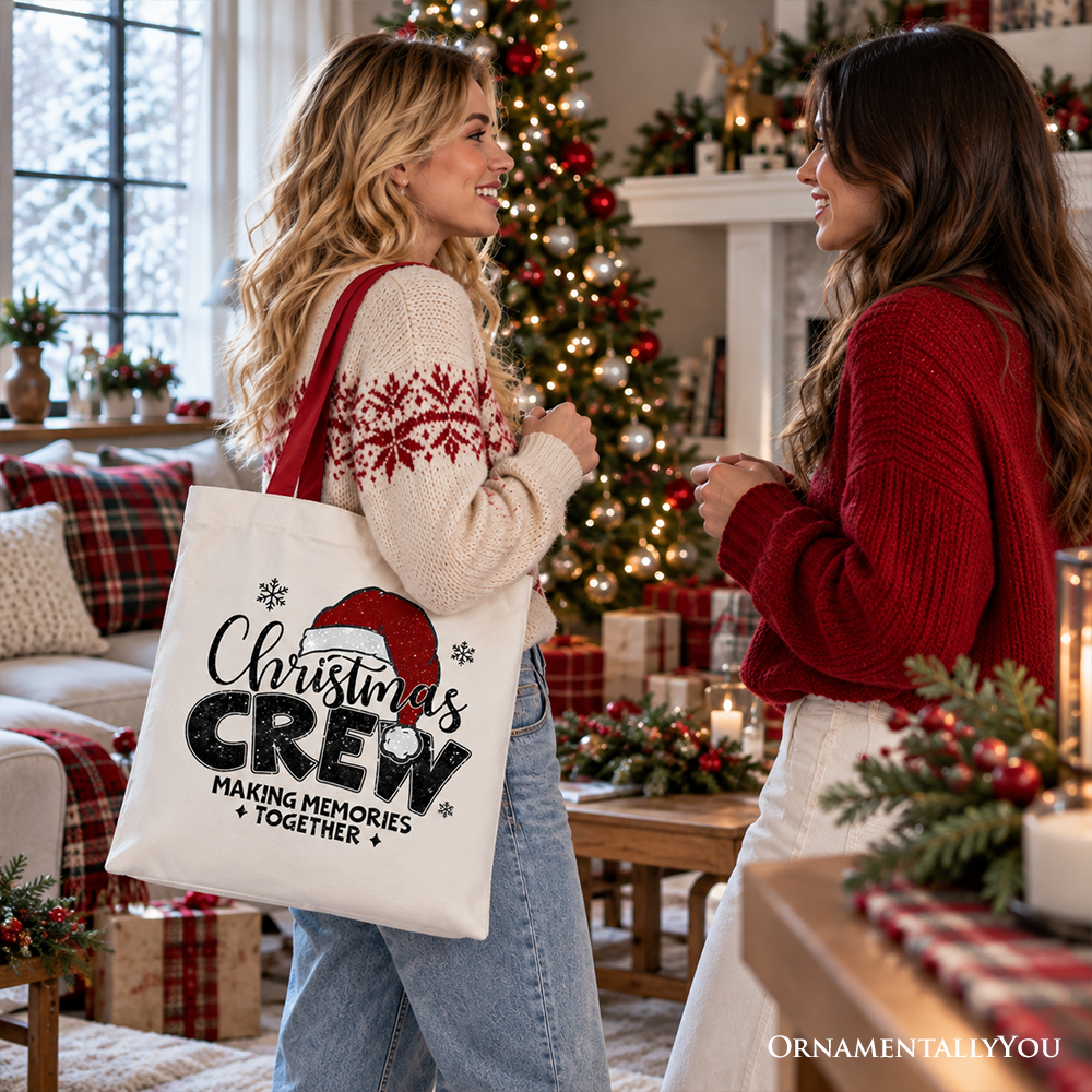 Christmas Crew Tote Bag, Glitter Santa Hat Gift Shopper for Making Memories