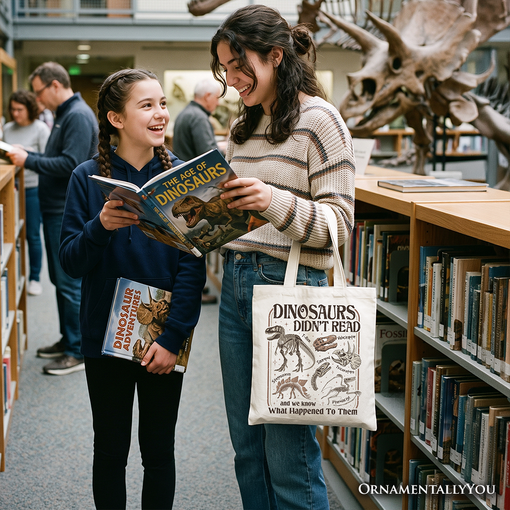 Dinosaurs Didn’t Read Tote Bag, Funny Gift Shopper for Book Lover and Librarian