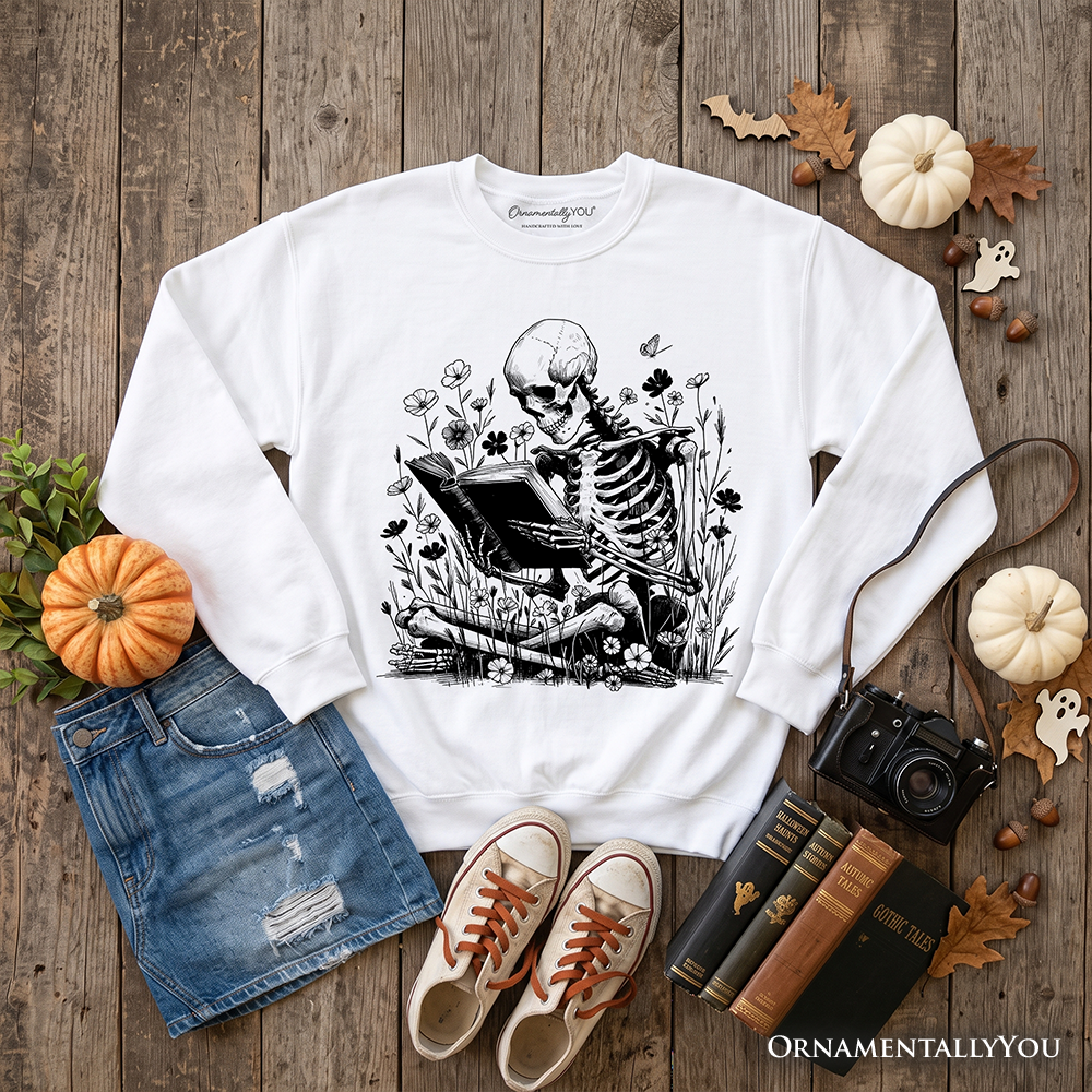 Gothic Reading Skeleton Sweatshirt, Floral Halloween Sweater for Spooky Bookworms