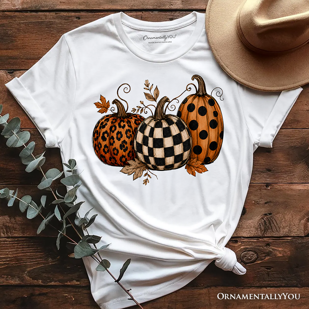 Leopard Checkered Pumpkin T-Shirt, Autumn Fall Tee