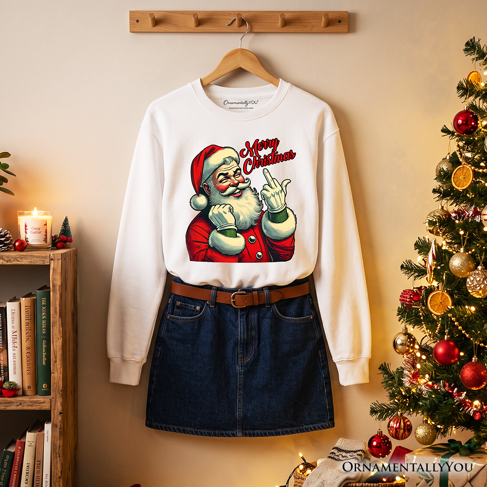 Santa Middle Finger Christmas Sweatshirt, Vintage Funny Sweater for Naughty Holiday Humor
