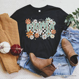 Floral Mama Checkered T-Shirt, White, Natural and Black Retro Tee for Stylish Mothers