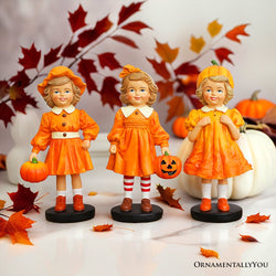 Inviting Pumpkin Girl Trio Set of Figurines, 6" Victorian Autumn Fall and Halloween Table Decoration
