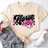 Nurse Floral Coquette Pink Bow T-Shirt, Retro Stethoscope Checkered Tee