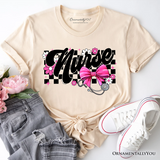 Nurse Floral Coquette Pink Bow T-Shirt, Retro Stethoscope Checkered Tee
