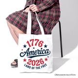 Patriotic America 1776-2026 Land of the Free Canvas Tote Bag, 250 Year Independence Day Celebration Gift