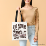 Wild Flowers and Wild Horses Canvas Tote Bag, Retro Western Gift for Free-Spirited Women