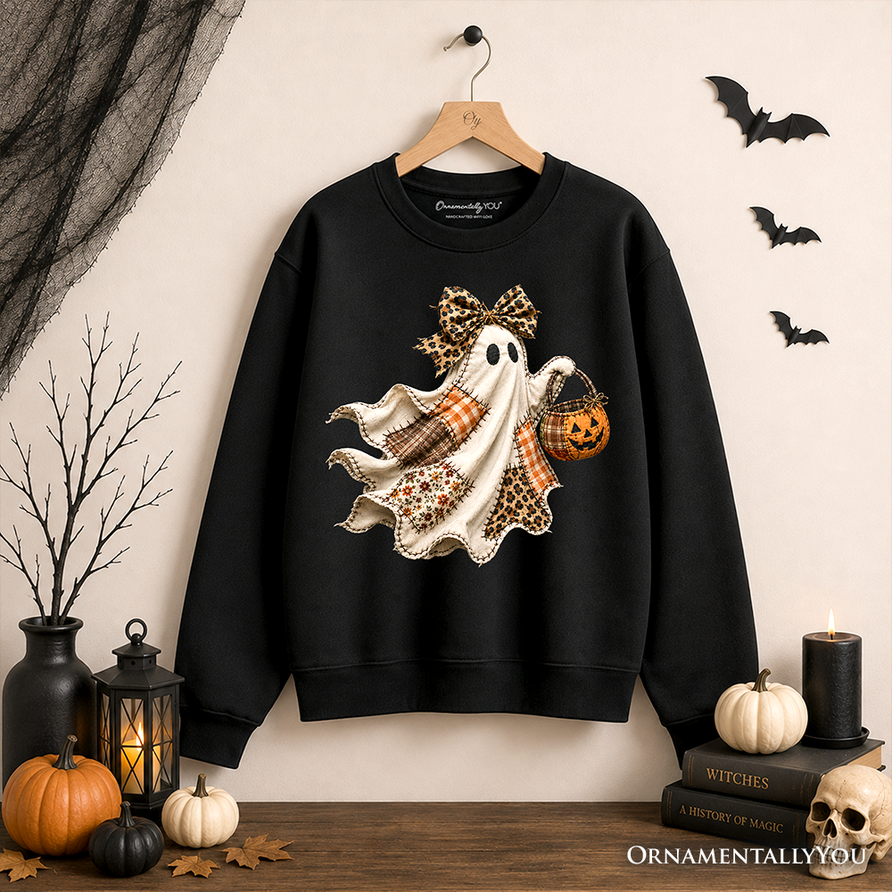 Patchwork Ghost with Leopard Bow Sweatshirt, Rustic Halloween Pumpkin Trick or Treat Sweater