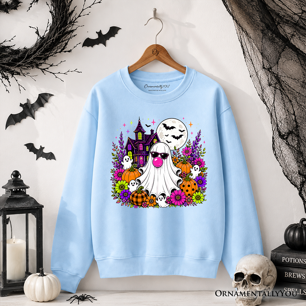 Bubblegum Ghost Haunted House Sweatshirt, Colorful Floral Halloween Pumpkin Sweater
