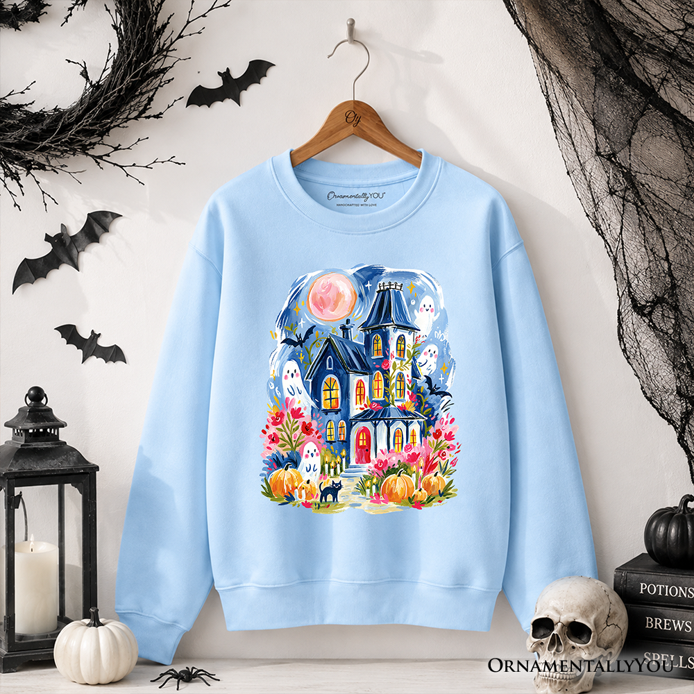 Watercolor Haunted House Sweatshirt, Colorful Ghost Pumpkin Halloween Sweater