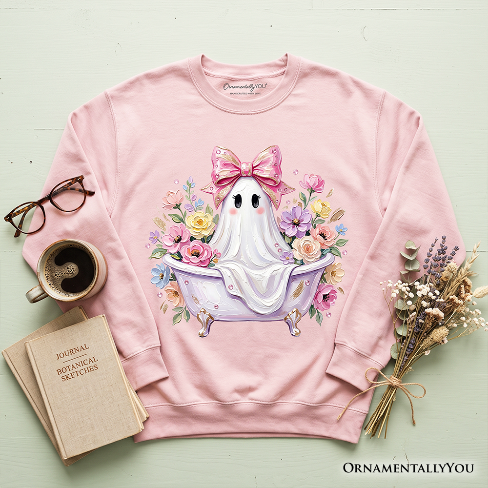 Pink Bow Bathtub Ghost Sweatshirt, Floral Coquette Halloween Sweater