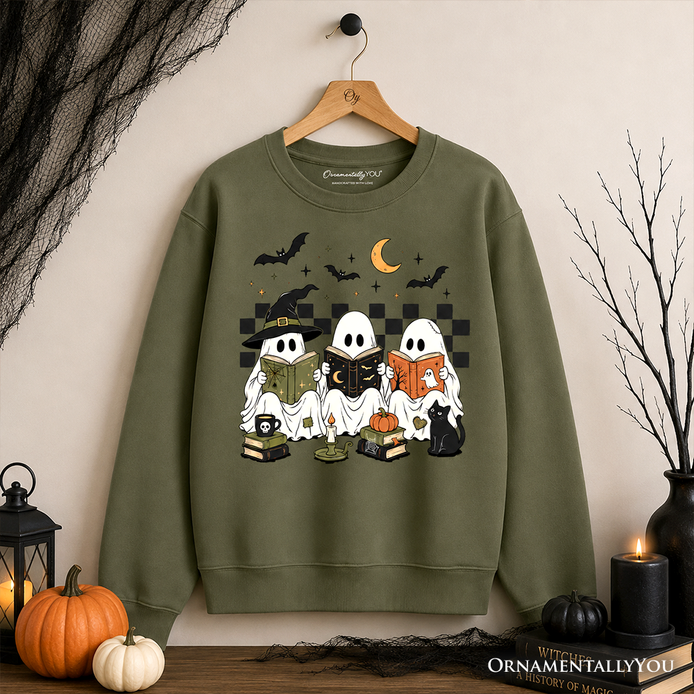 Bookish Ghosts Reading Sweatshirt, Checkered Halloween Witch Cat Sweater