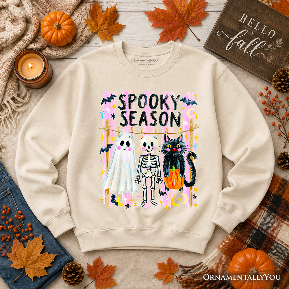 Spooky Season Ghost Skeleton Cat Sweatshirt, Colorful Halloween Costume Sweater