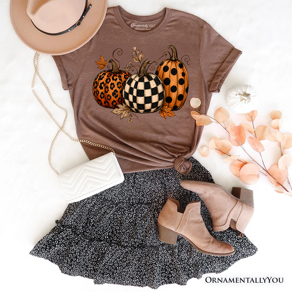 Leopard Checkered Pumpkin T-Shirt, Autumn Fall Tee