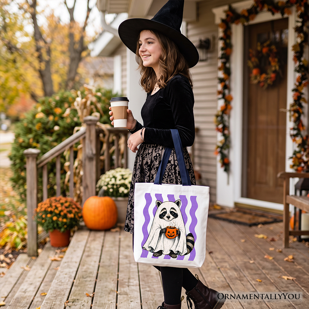 Ghost Costume Raccoon Tote Bag, Halloween Pumpkin Coffee Mug Gift Shopper