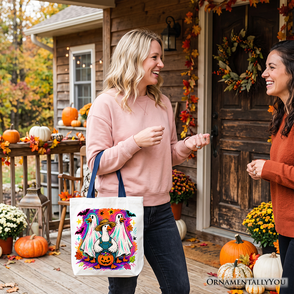 Trick or Treat Geese Tote Bag, Colorful Halloween Ghost Costume Gift Shopper