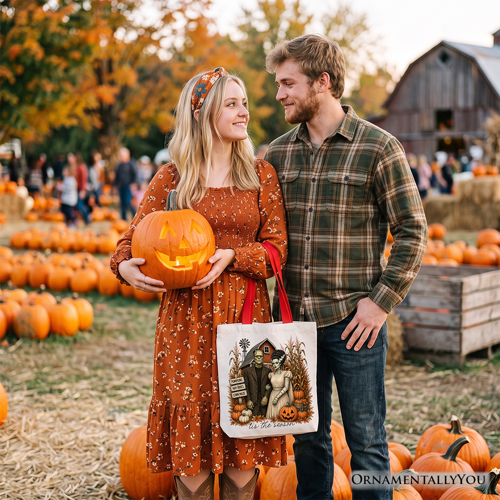 Frankenstein Couple Pumpkin Patch Tote Bag, Vintage Halloween Fall Festival Gift Shopper