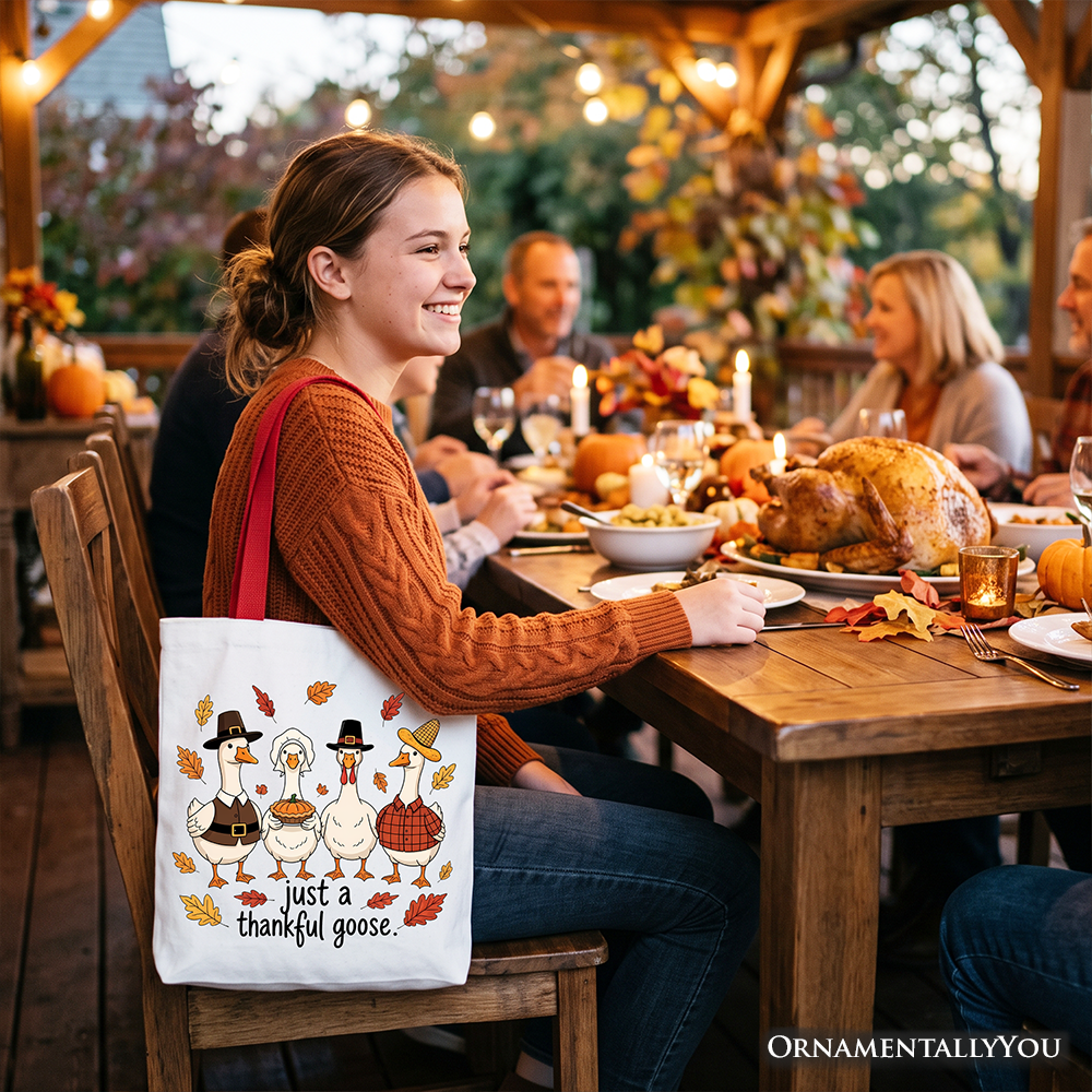 Just a Thankful Goose Tote Bag, Funny Thanksgiving Family Turkey Day Gift Shopper