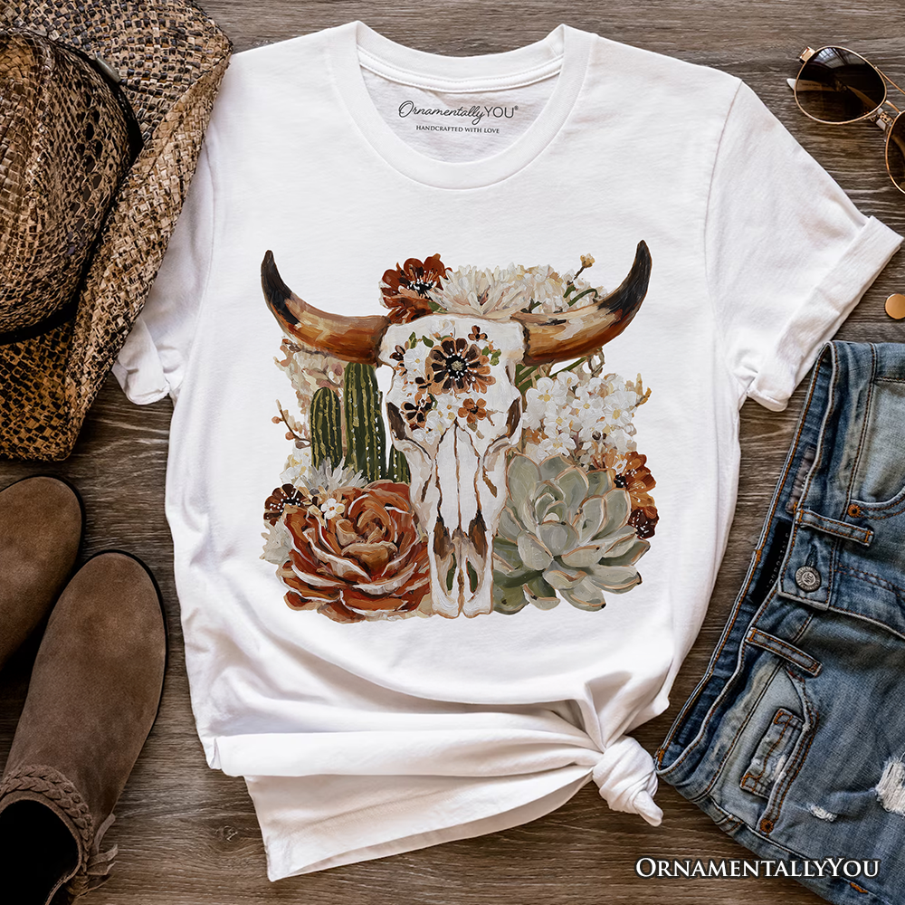 Boho Floral Cow Skull T-Shirt, Western Autumn Cowgirl Tee