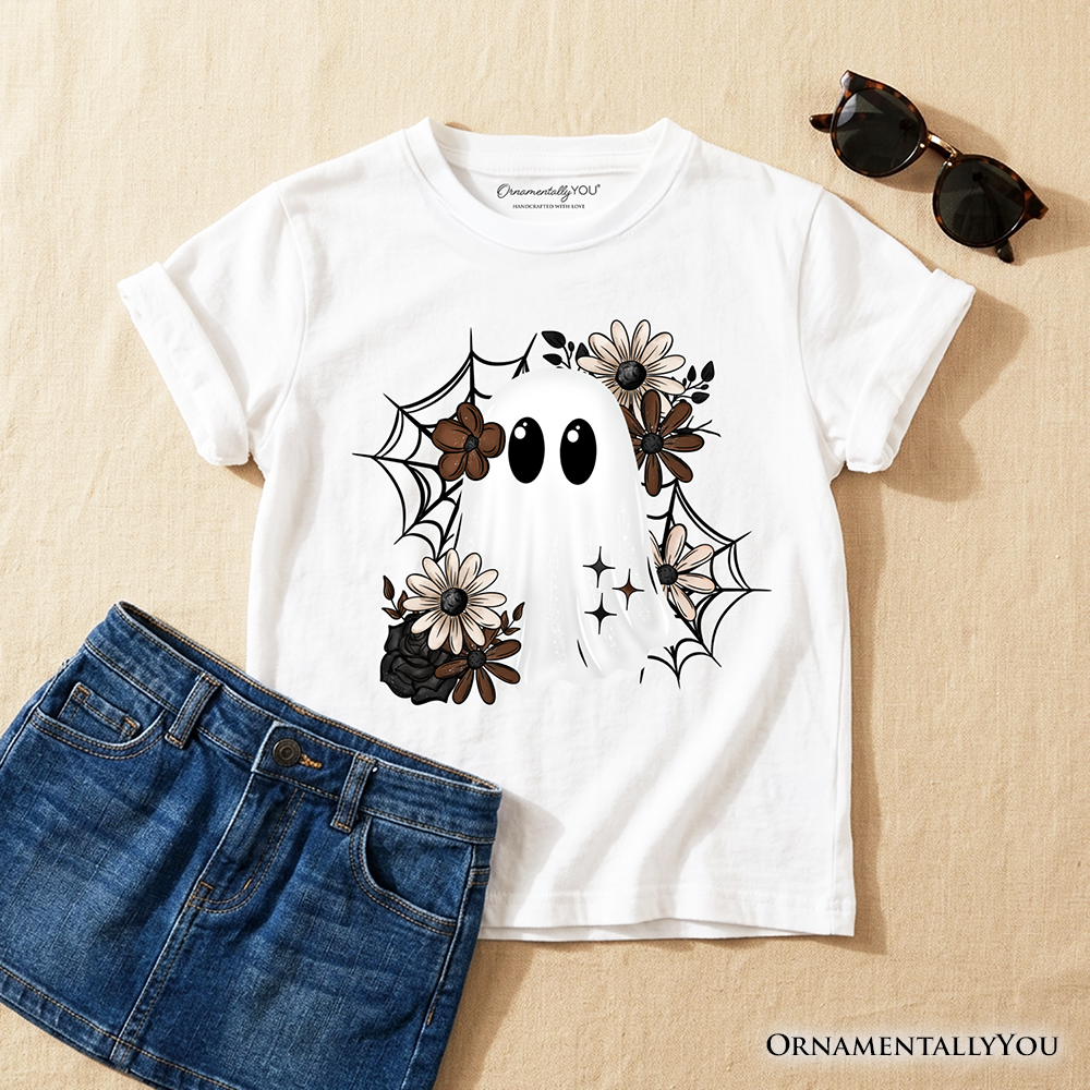 Kids Floral Ghost T-Shirt, Neutral Boho Halloween Spider Web Youth Tee
