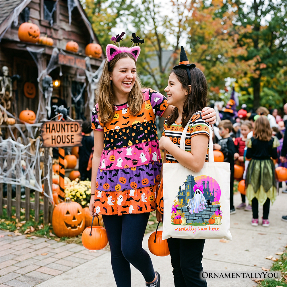 Mentally I Am Here Ghost Tote Bag, Pink Bow Haunted House Halloween Gift Shopper