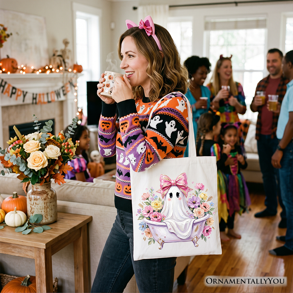 Pink Bow Bathtub Ghost Tote Bag, Floral Coquette Halloween Gift Shopper