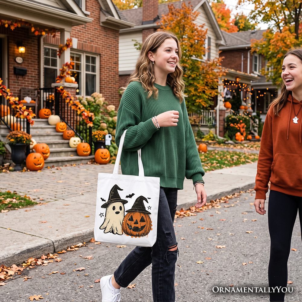 Witch Hat Ghost and Pumpkin Tote Bag, Vintage Halloween Jack O’ Lantern Gift Shopper