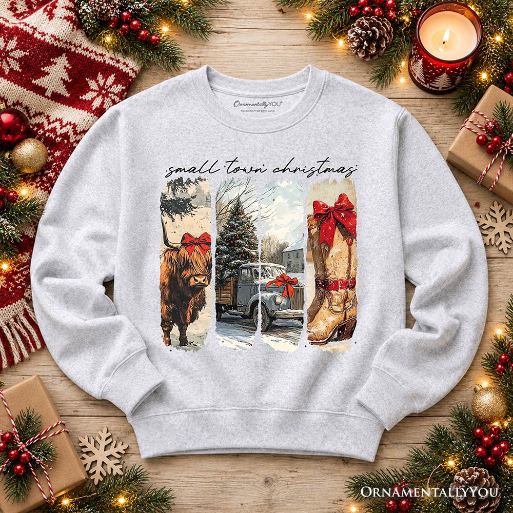 Small Town Christmas Sweatshirt, Highland Cow Rustic Western Cowgirl Holiday Sweater