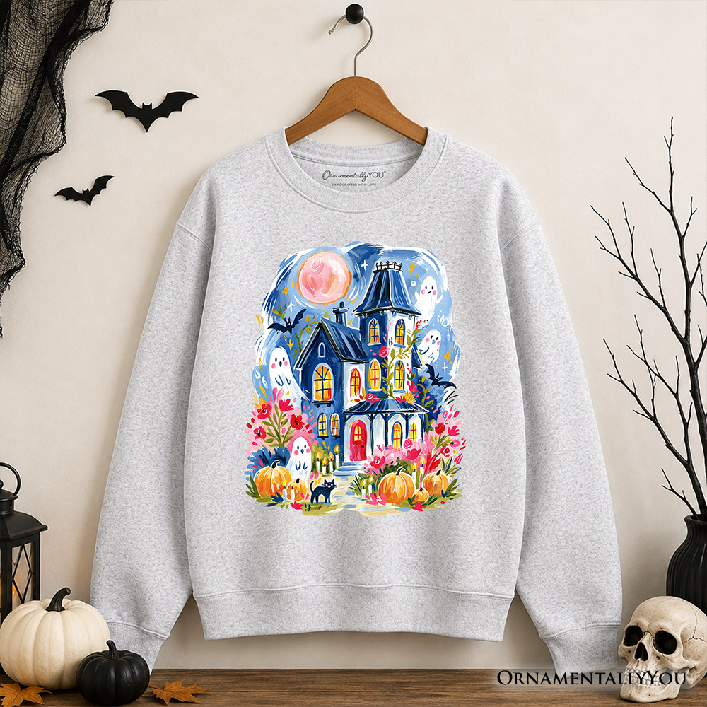 Watercolor Haunted House Sweatshirt, Colorful Ghost Pumpkin Halloween Sweater
