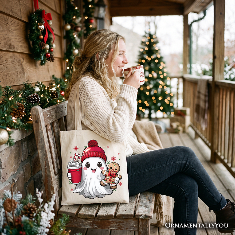 Cute Ghost Christmas Tote Bag, Adorable Gingerbread and Cocoa Holiday Gift Shopper